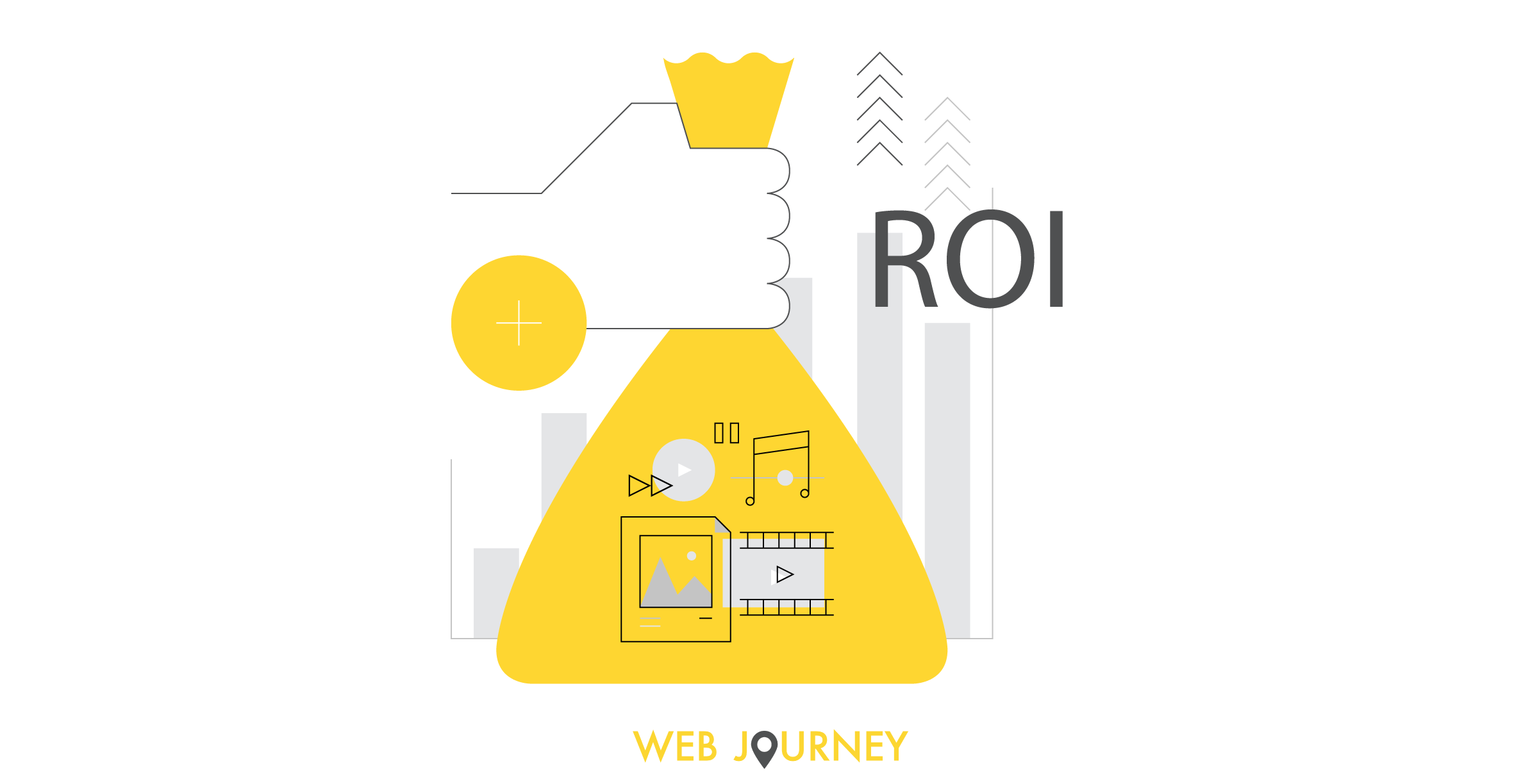 Money bag ROI illustration with marketing tactics in it like video