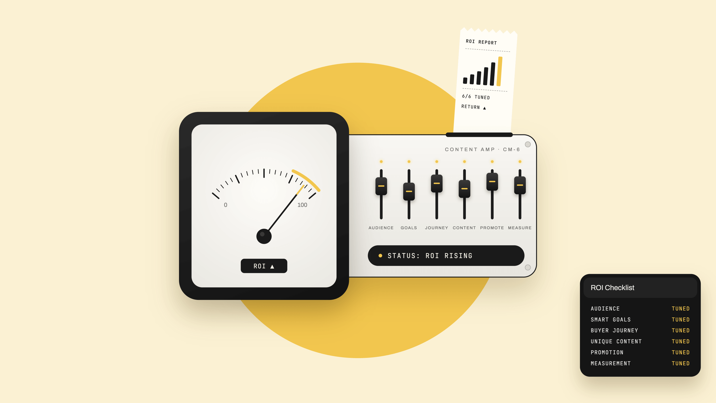 Illustration of a retro audio mixer with six faders turned up and a VU meter labelled 