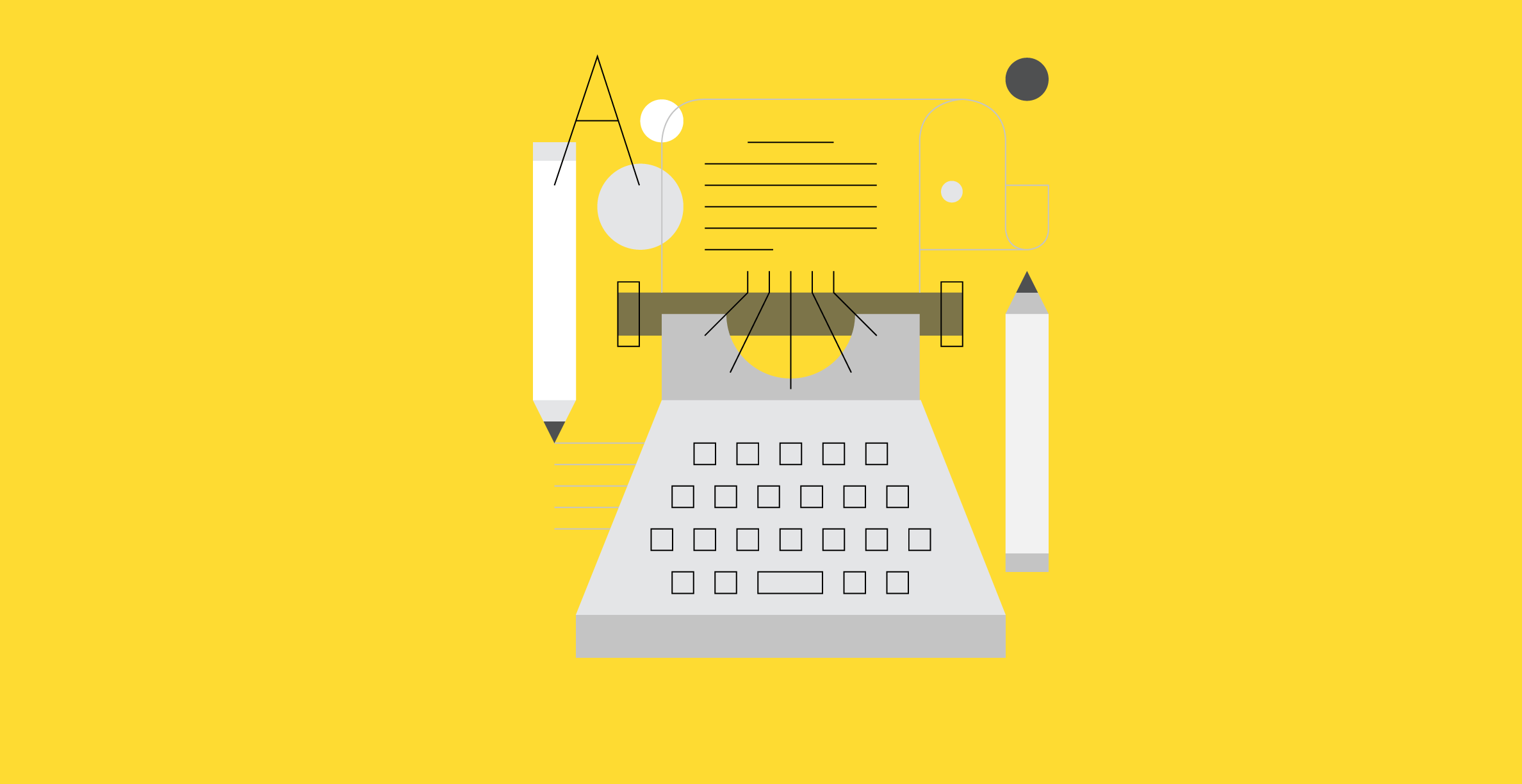 Illustration of a blog using a typewriter, pen, paper and text
